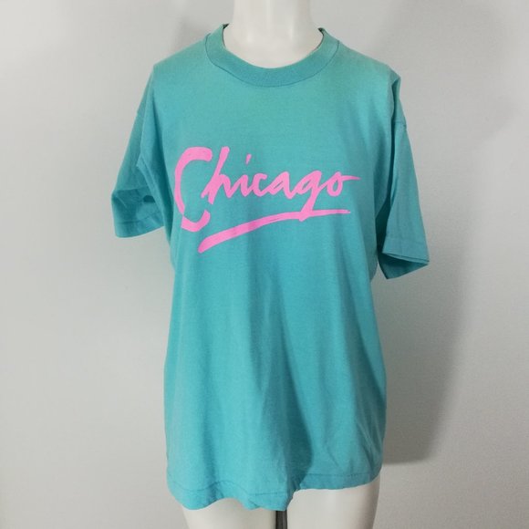 Screen Stars Tops - Vintage 80s Chicago T-Shirt Size L Neon